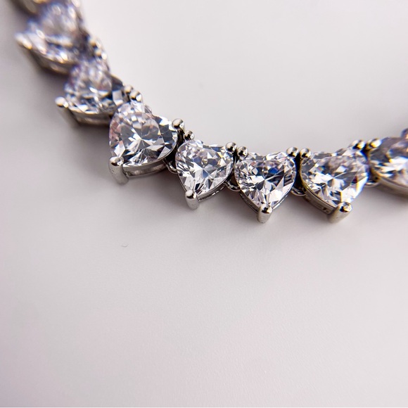 Silver Toned Heart Shaped Cubic Zirconia Tennis Necklace. 22 Inches. - Picture 10 of 13